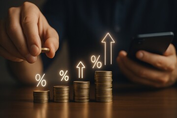 Long term investment. A person is analyzing financial growth with coins and percentage symbols on a smartphone.