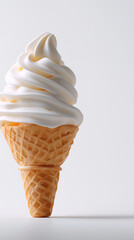 Vanilla soft serve ice cream cone with waffle cone on gray background. 
