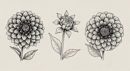 Three Detailed Dahlia Flower Drawings in Black and White.