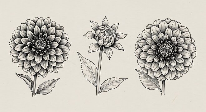 Three Detailed Dahlia Flower Drawings in Black and White. - Powered by Adobe