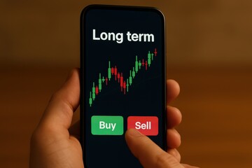 Long term investment. Mobile phone displaying a stock trading interface with buy and sell options for long-term investment.