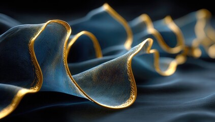 Deep blue fabric with gold trim, elegantly draped and flowing in soft waves, creating a luxurious and textured aesthetic against a dark background