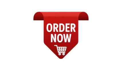Red ribbon banner with the text order now and a shopping cart icon isolated on transparent background