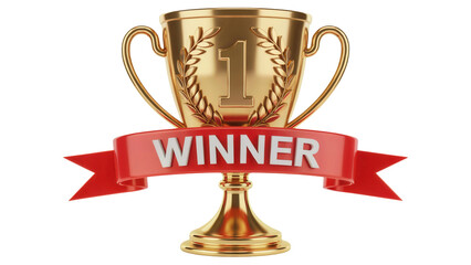 Golden trophy with a red ribbon banner displaying the word winner representing achievement and success isolated on transparent background