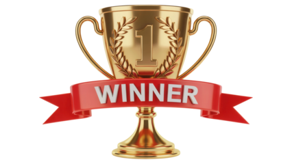 Golden trophy with a red ribbon banner displaying the word winner representing achievement and success isolated on transparent background