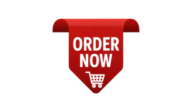 Red ribbon banner with the text order now and a shopping cart icon isolated on transparent background