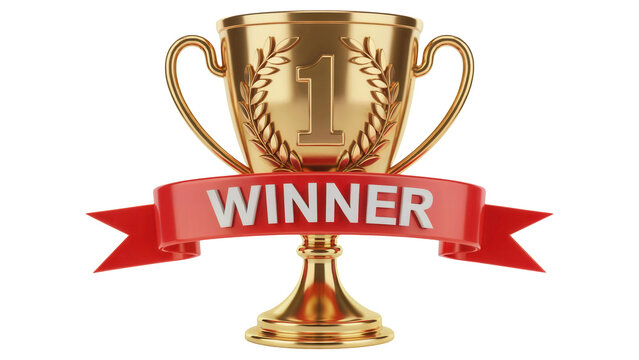 Golden trophy with a red ribbon banner displaying the word winner representing achievement and success isolated on transparent background