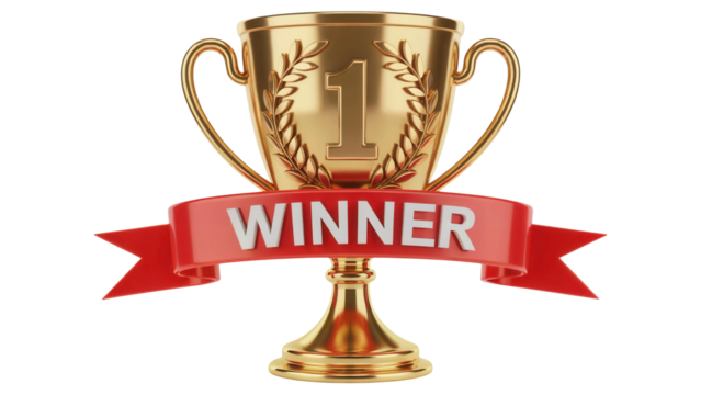 Golden trophy with a red ribbon banner displaying the word winner representing achievement and success isolated on transparent background