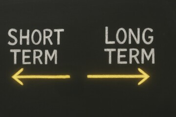 Long term investment. Conceptual image contrasting short and long-term goals with chalkboard style.