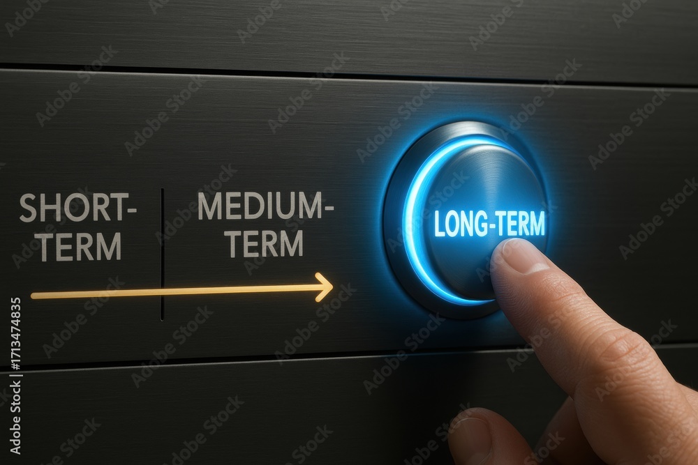 Poster long term investment. a hand pressing a button labeled 