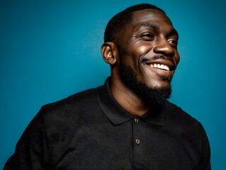 Fototapeta premium A happy young black man smiles broadly wea a dark shirt against a solid bright turquoise background.