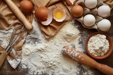Overhead shot of baking ingredients on a rustic wooden table, flour, eggs, rolling pin, and whisk create a cozy kitchen scene