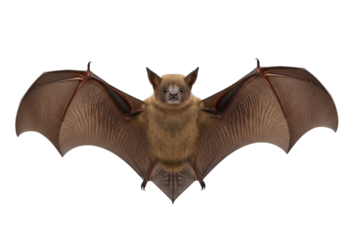 A medium-sized bat with large, outstretched wings is centrally positioned against a black background.