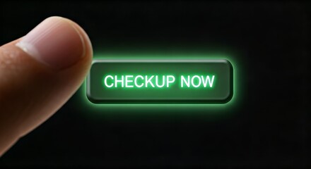 Close-up shot of a finger pressing a glowing green 'CHECKUP NOW' button on a black background with neon light.