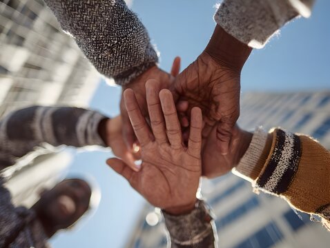 Diverse team members join hands in unity and collaboration du an outdoor meeting downtown together.