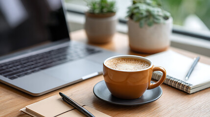 Cozy Workspace With Coffee and Laptop Inviting Productivity During Morning Hours