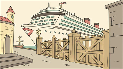 Cruise ship vacation travel destination port cartoon illustration for travel and tourism promotion design