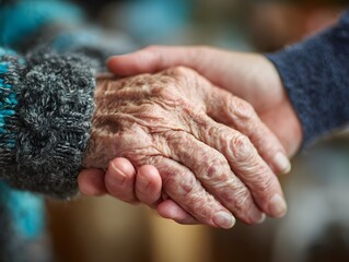 A young hand gently holds the wrinkled hand of an elderly person offe support and showing compassion.