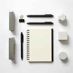 Notebook and Stationery Flat Lay Arrangement on White