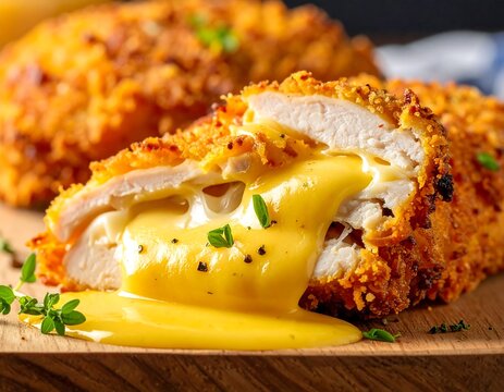 Crispy breaded chicken breast with melted cheese