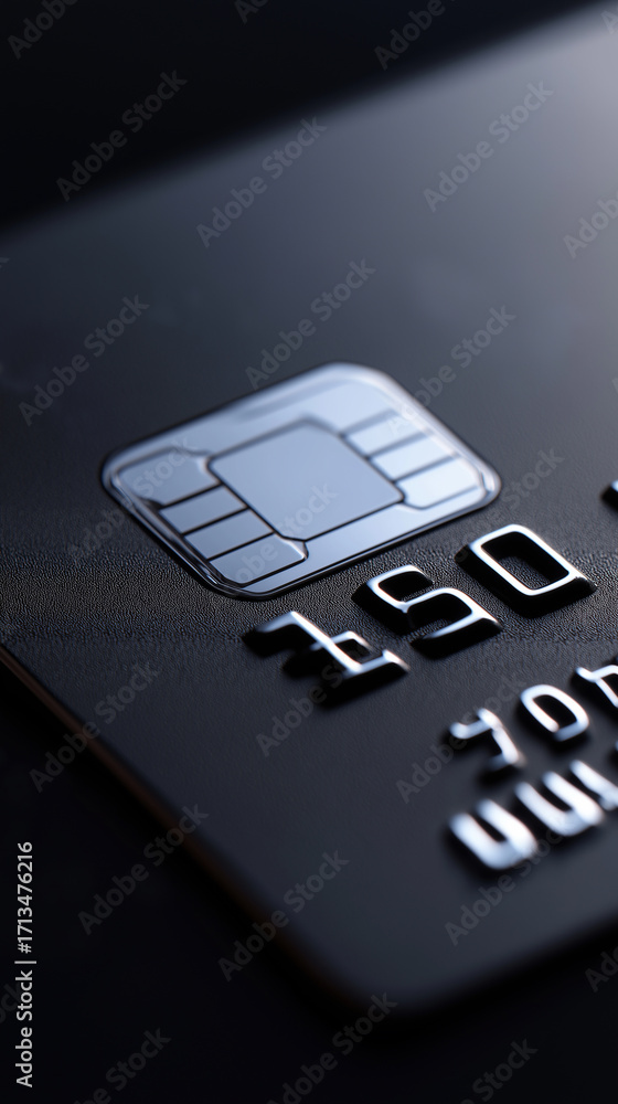 Poster close-up of a black credit card with visible chip and embossed numbers.
