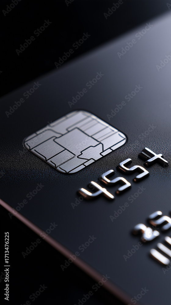 Poster close-up of a black credit card with visible chip and embossed numbers.