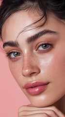 Fototapeta premium Close-up portrait of a young woman with flawless glowing skin touching her cheek on a pink background. 