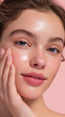 Fototapeta premium Close-up portrait of a young woman with flawless glowing skin touching her cheek on a pink background. 