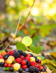 A vibrant pile of assorted berries, including strawberries, blueberries, and raspberries, mixed with ripe peaches and plump cherries scattered on the ground.