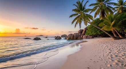 Tropical beach paradise at sunset with palm trees and calm ocean waves.
