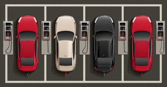 Four cars of varying colors are parked in parallel, charging at electric stations, as seen from directly above on a gray paved surface with parking lines