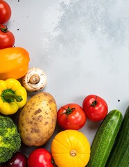A colorful assortment of fresh vegetables, including vibrant bell peppers, crisp cucumbers, ripe tomatoes, and leafy greens, beautifully arranged on a rustic wooden table.