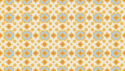 A seamless retro inspired pattern featuring a symmetrical arrangement of stylized floral motifs in a warm yellow and muted blue color palette perfect for vintage designs.