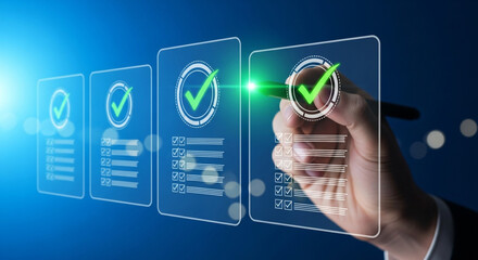 Businessman using a stylus pen to complete tasks on a virtual checklist digital document management concept