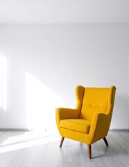 A vibrant yellow chair stands alone in a spacious, sunlit room with white walls and a polished wooden floor, creating a cheerful focal point.