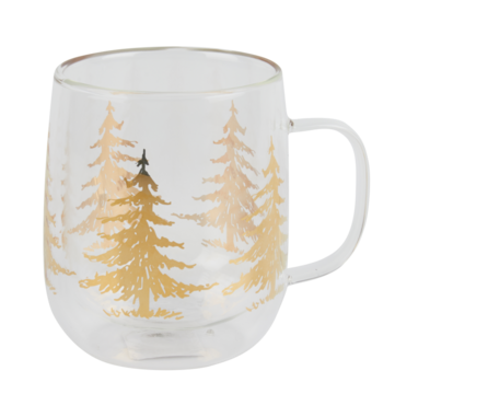 Clear glass with Christmas tree pattern and handle cut out isolated transparent background