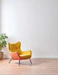 A bright yellow chair sits against a plain wall in an empty room, accompanied by a vibrant pot of lush green plants, adding a touch of life.