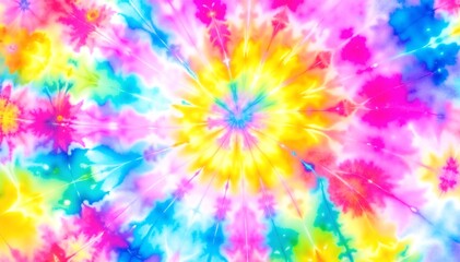 A vibrant tie-dye fabric showcasing a mesmerizing swirl of rainbow colors, blending hues of red, orange, yellow, green, blue, and purple in a playful pattern.