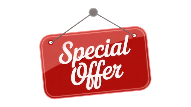 Red rectangular sign with white text saying special offer hanging on a nail isolated on transparent background