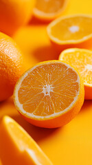 Fototapeta premium Fresh halved oranges on yellow background. 