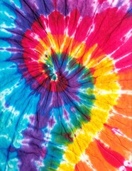 A vibrant tie-dye design featuring a swirling rainbow spiral pattern, showcasing a blend of bright colors like red, blue, yellow, and green, creating a lively, artistic effect.