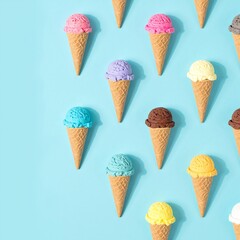 A delightful assortment of colorful ice cream cones, featuring various flavors like chocolate, strawberry, and mint, set against a vibrant blue background.