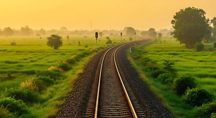 Fototapeta premium Railroad track through green fields