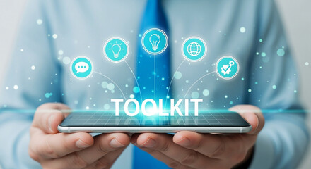 Man holding smartphone with toolkit icons concept of business, technology, and digital marketing