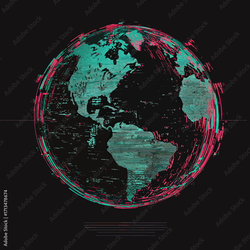 Poster glitch effect digital earth globe with distorted 3d anaglyph green and red channels showing americas