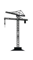 Black silhouette of tower crane construction equipment with hook for lifting on white background vector illustration in flat minimalist style