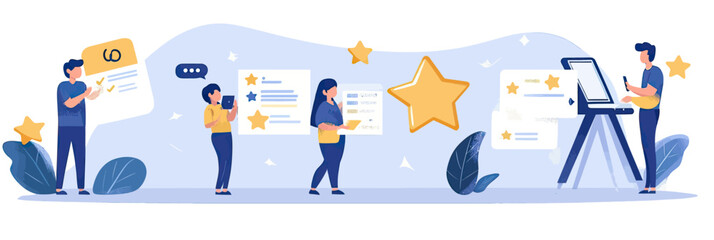 Customer feedback five star rating evaluation people holding review forms writing positive comments flat vector illustration