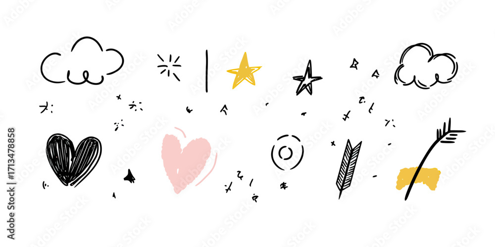 Poster hand drawn doodle vector set with clouds hearts stars arrows stars sparkles and simple graphic desig