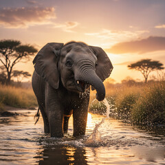 Obraz premium A young elephant joyfully splashes water into the air, bathed in warm sunset tones. A heartwarming wildlife image capturing innocence and wonder.