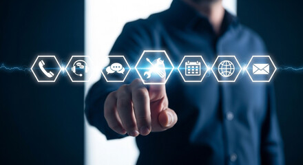 Man touching virtual icons, representing technical support, customer service, and digital solutions in business